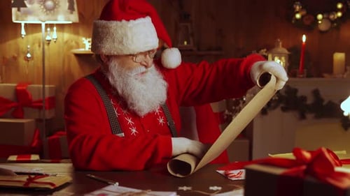 Santa Claus Unrolling a Long Christmas List