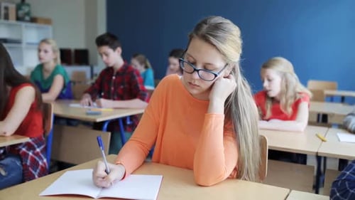 Education, People And Learning Concept - Group Of Students With Notebooks Writing Test At School