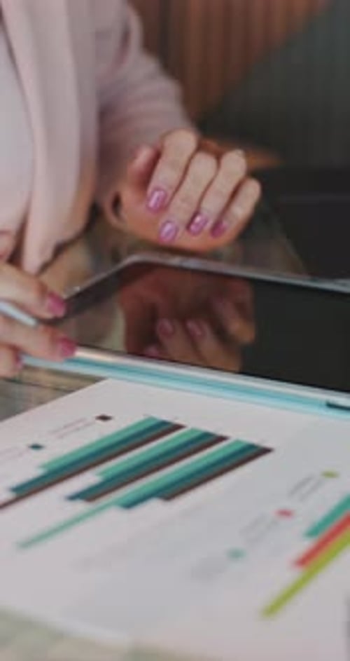 Writing, tablet and hands of business woman in office for investor report, research and data