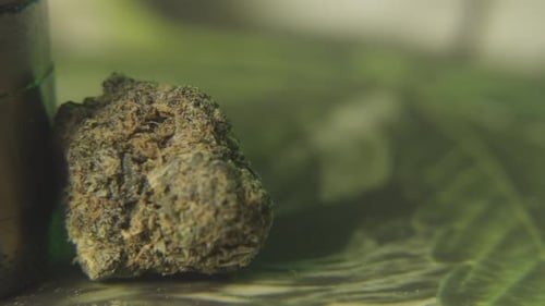 a panning shot to a close up bud of marijuana and a weed grinder