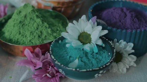 Bowls of vibrant colored powder, holi festival