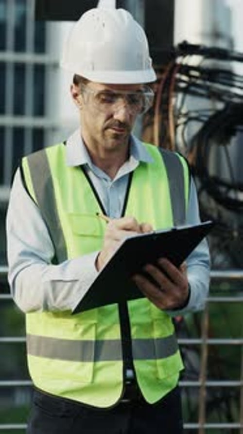 Middleaged Man Engineer in Safety Vest Records Observations Standing Near Power Lines Vertical Shot
