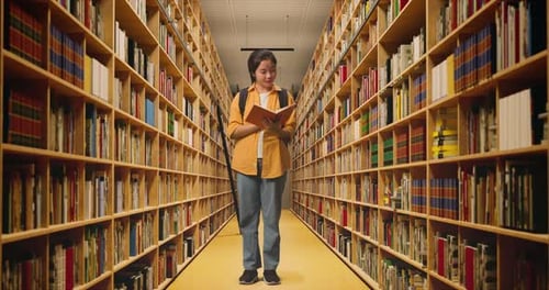 Full Body Of Asian Woman Student With A Backpack Holding And Reading A Book In The Library