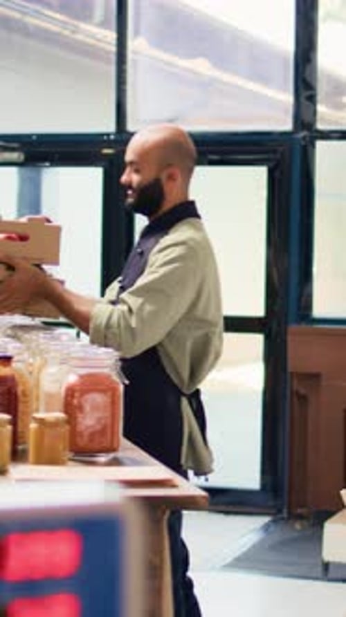 Store Worker Arranging Goods in Grocery Market