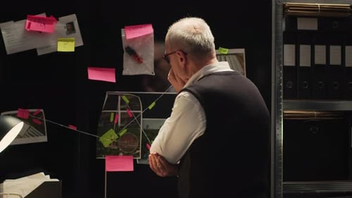 Man Contemplates Evidence on Detective Investigation Board