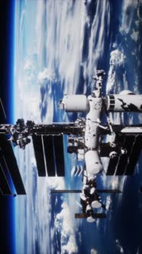 International Space Station in Dark Starry Space