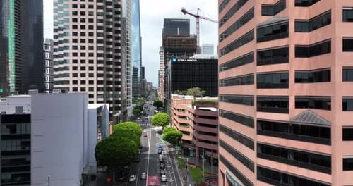 Aerial View of Los Angeles Downtown Fly Drone Skyscrapers Cityscape Los Angeles USA June 1 2022
