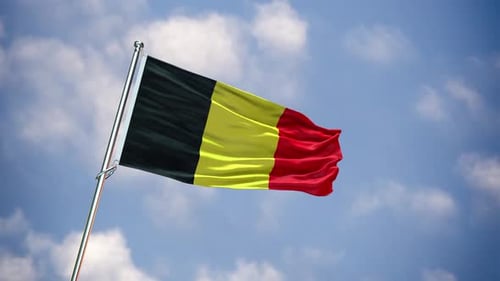 Realistic Waving Belgium Flag on Cloudy Blue Sky