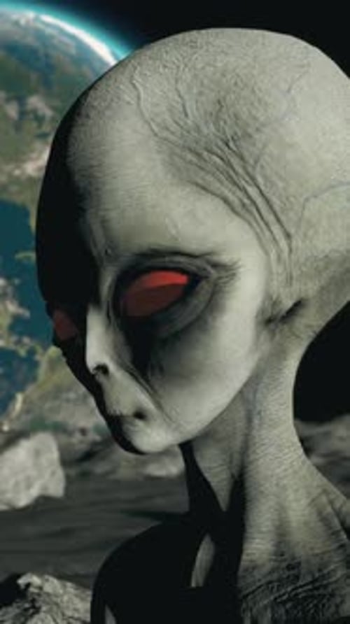 Sci-Fi Grey Alien Head Turning with Glowing Red Eyes and Planet Background