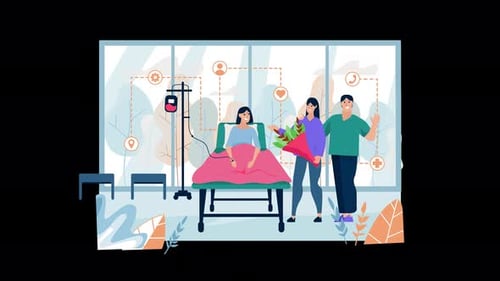 Scène d'hôpital avec un patient et des visiteurs.