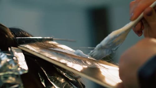 Hair Stylist Applying Hair Color in Salon, Close-Up