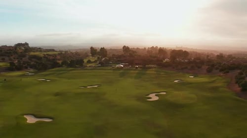 Panoramic view of a fairway green golf course field landscape