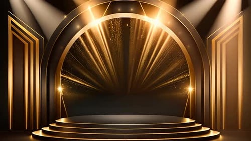 Elegant Golden Awards Stage with Shimmering Light Beams Background