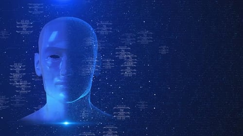 Artificial Intelligence AI Machine Learning Robot and Human Hands Touching on Big Data