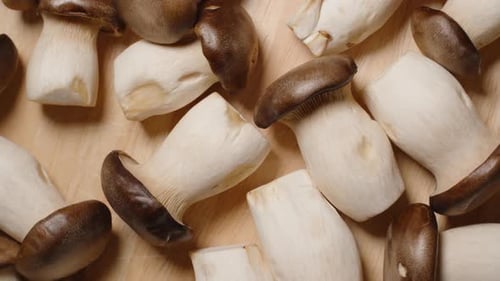 Overhead View of King Oyster Mushrooms Rotating and Slowly Pulling Away with Dolly Slider in