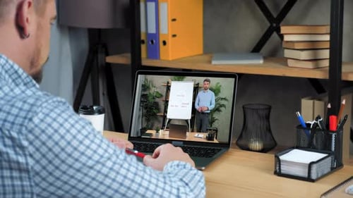 Businessman in Home Office Talk Manager Company Online Video Call Meeting Laptop