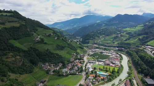 Aerial View of Castle on the Rock Vineyards and Winery on a Sunny Summer Day Bolzano Italy