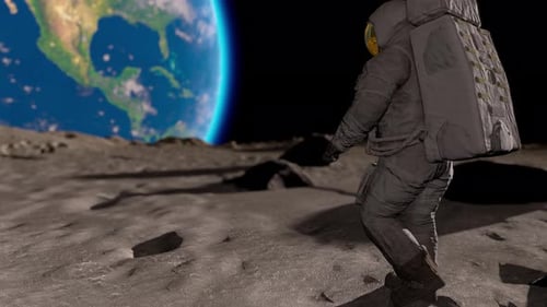 Astronaut Walking on Lunar Surface with Earth in Space Background