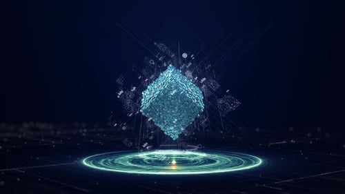 Futuristic 3D Digital Cube with High-Tech Data Overlays