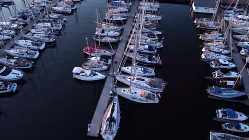 sailing boats, top view in Marina, docked at the pier during the sunset 01