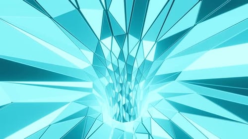 Abstrakter türkisfarbener Kristalltunnel, geometrisches Design, glänzende Facetten, Lichtstrahlen, digitale Kunst, 3D-Renderer