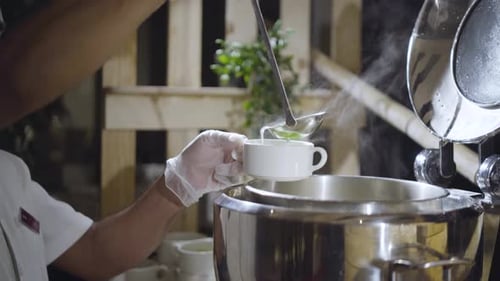 Chef pouring hot soup for his guest, tom yam soup, Chicken soup, Beef soup, Asian restaurant, Soup b
