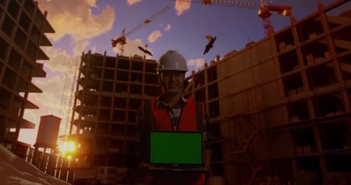Asian Male Engineer Smiling And Showing Green Screen Laptop To The Camera At Construction Site