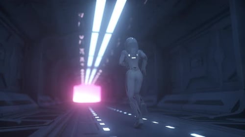 Astronaut runs through a spaceship tunnel. Spaceship and technology concept