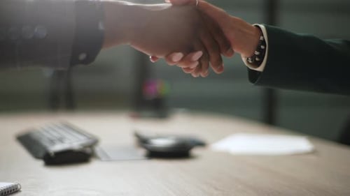 Closeup Side View of Handshaking for Unrecognizable African Businessman and Caucasian Woman Which