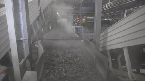 Worker Monitors Material Conveyor in Recycling Factory