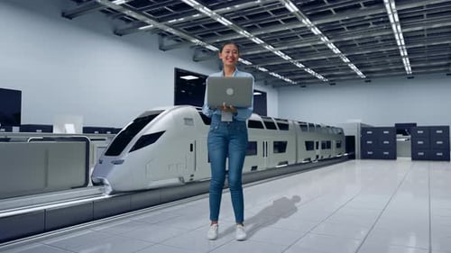 Woman With Laptop Standing by Modern High-Speed Train