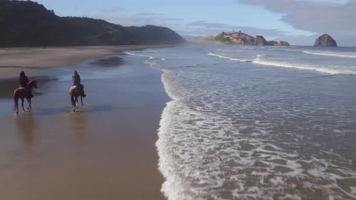 Aerial View of Women Riding Horses at Beach Active