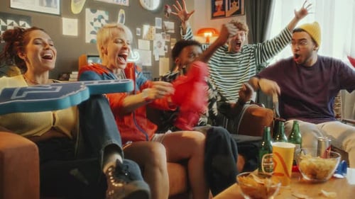 Excited Friends Watching Sport Game at Home
