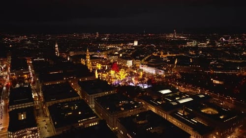 Aerial Panoramic View of Evening City Colorful Lights and Decoration on Trees in Park in Front of