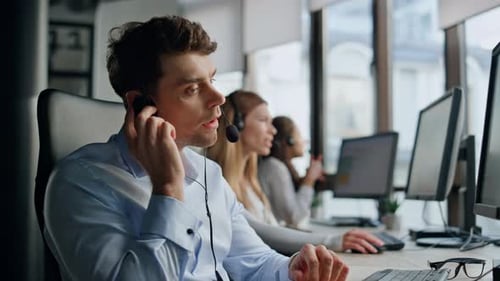 Call Operator Listening Client in Office Friendly Helpline Team Work Together