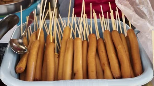 Asian Street Food in Fair and Local Markets Sausages Closeup