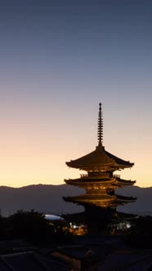 Pagoda at Hokanji temple, Kyoto, Japan, vertical time lapse video in autumn season on a twilight.