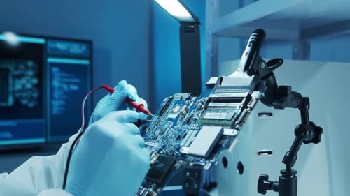Mikroelektroniker arbeitet in einem modernen wissenschaftlichen Labor an Computersystemen und