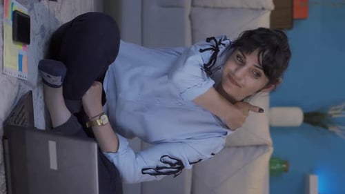 Vertical video of Home office worker woman getting depressed.