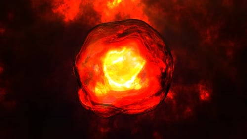 Abstract round orange fiery melted sphere liquid iridescent futuristic swirling, abstract background