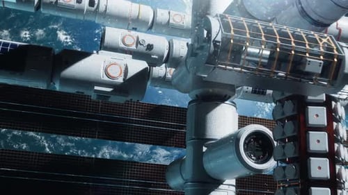 a modern space station in space orbiting the earth. an epic video