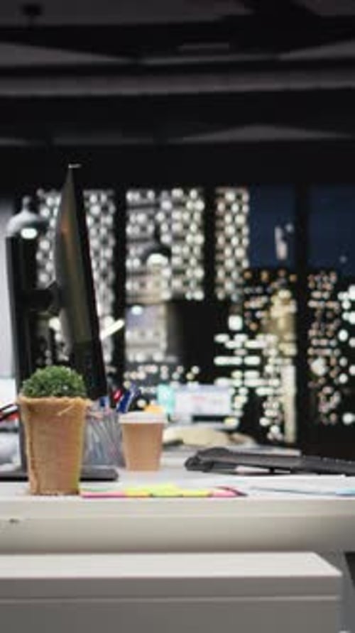 Vertical Video Empty Business Office Late at Night in a Multinational Company