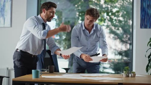 Worried Brokers Analyzing Crypto Market Closeup Colleagues Flipping Papers