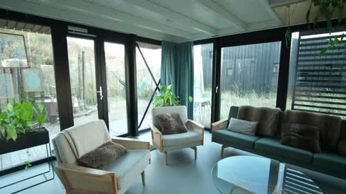 360 view inside Holiday resort Qurios Zandvoort's sustainable houses.