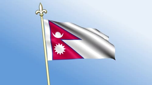 Animated Nepal Flag Waving on Golden Pole with Blue Sky