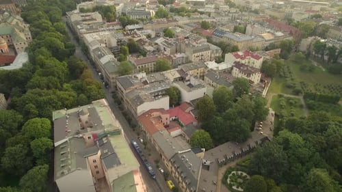 Aerial View Over Street In The Old Town Of Krakow In Poland - drone shot
