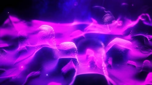 Abstract moving purple futuristic landscape of particles and dots of energetic magic with glow