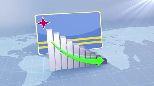 Aruba Flag With Decrease Bar Chart Graph And Arrow Green