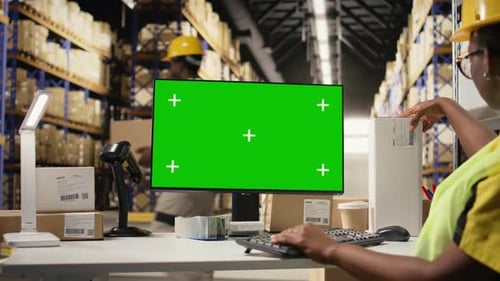 Trabajadora afroamericana que usa una computadora con una pantalla de maqueta aislada