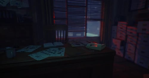 Mysterious Office with Papers and Dim Lighting During Late Evening Hours